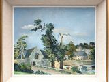 an image of a painting of a village with a church in the background