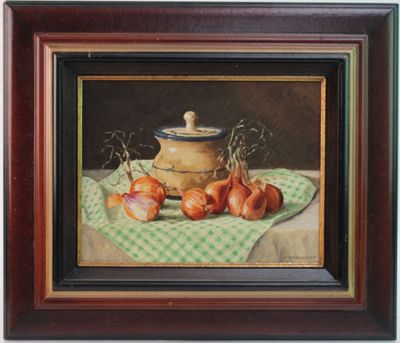 une peinture à l'huile représentant des oignons et une casserole posés sur une nappe