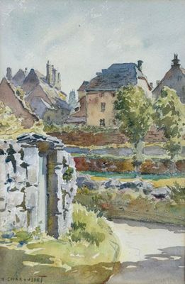 a watercolor painting of a village with a stone wall