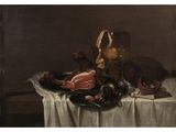 une peinture représentant une nature morte avec un verre de vin et de la viande posés sur une table