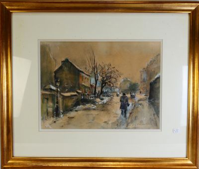 aquarelle encadrée représentant une scène de rue avec un couple marchant dans la rue