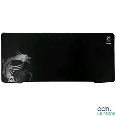 Le tapis de souris est noir et comporte un motif représentant un dragon.