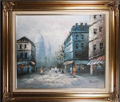 une peinture à l'huile représentant une scène de rue en ville avec des passants qui marchent dans la rue