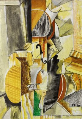 painting of a painting of a violin and other objects on a table