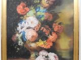 a painting of flowers in a vase on a table