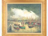 an oil painting of boats in a harbor on a cloudy day