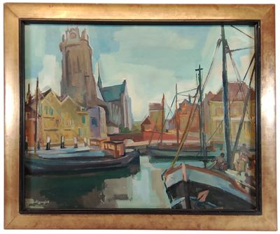 un tableau représentant des bateaux dans un port, avec une église en arrière-plan