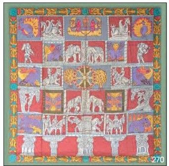 une image représentant une tapisserie sur laquelle figurent des éléphants et des personnages