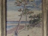 une peinture à l'huile représentant une femme assise sur une plage près d'un pin