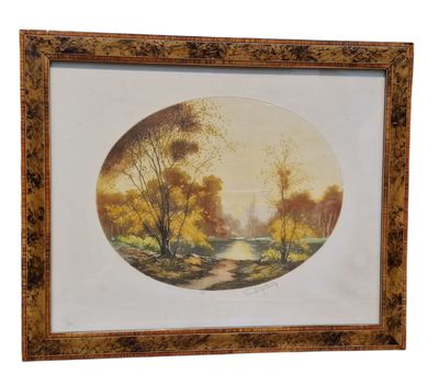a painting of a landscape with trees and a river in the foreground