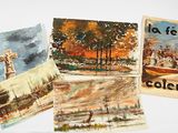 four paintings of different landscapes are displayed on a white surface