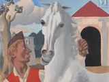 a painting of a man standing next to a white horse