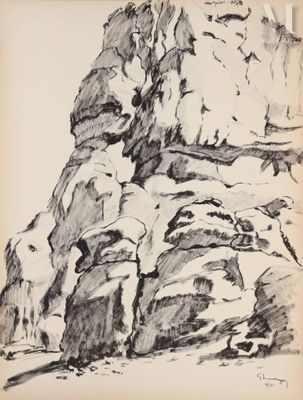 une image représentant un dessin d'une montagne avec des rochers au premier plan