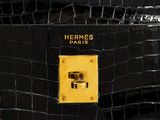 hermes paris black croc embossed leather handbag with gold hardware