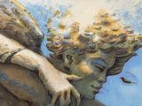peinture représentant une statue d'un ange tenant un morceau de bois