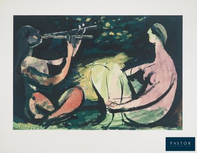a painting of two people playing instruments in a park