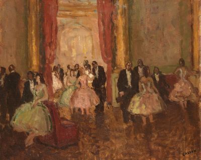 painting of a group of people dressed in formal attire in a room
