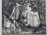 un dessin en noir et blanc représentant un château dans les bois