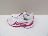 white and pink asics tennis shoes on a white surface