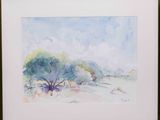 framed watercolor painting of a landscape with trees in the foreground