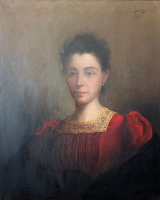 portrait of a woman in a red dress with a black shawl