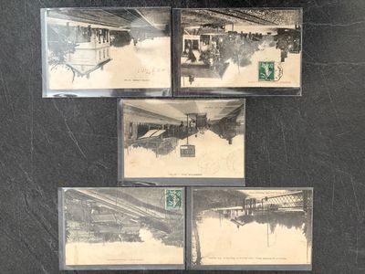 four black and white photographs of a train station in the snow