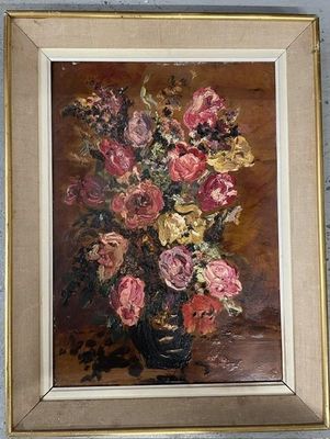 une peinture de fleurs dans un vase sur une table