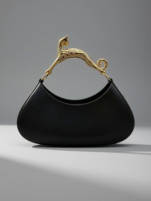 un sac à main noir muni d'une poignée dorée, posé sur une table