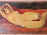 une peinture à l'huile représentant une femme nue allongée sur une couverture rouge