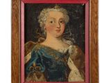 un vieux tableau représentant une femme en robe bleue tenant un chat dans ses bras