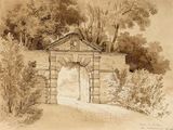 drawing of an old stone building with a gate and trees in the background