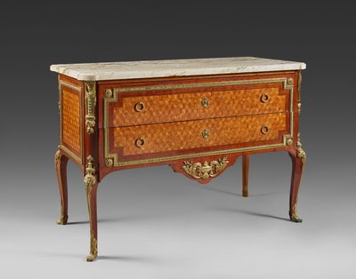 an antique chest of drawers with a marble top and two drawers