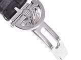 a black leather belt with a silver buckle on it