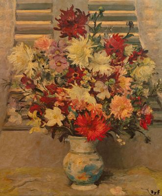 une peinture de fleurs dans un vase sur une table