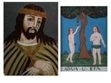 two paintings of jesus and a naked woman with a tree
