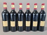 six bottles of red wine are lined up in a row