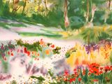 a watercolor painting of a garden with flowers and trees