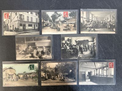 several old black and white photographs of people and vehicles on a street