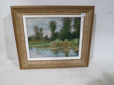 painting of a river scene with trees and water in a gold frame