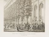 a drawing of a large group of people walking down the street