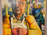 tableau représentant un homme en tablier tenant un verre de vin