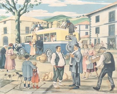 painting of a group of people standing in front of a bus