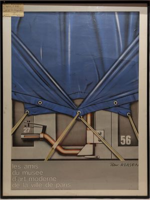 painting of a picture of a blue tarp and pipes in a room