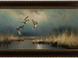painting of a flock of ducks flying over a pond in a landscape