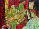 a painting of two women sitting on a couch playing the piano