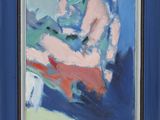 an abstract painting of a person holding a guitar in a blue frame