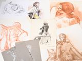 many drawings of a woman sitting on a chair