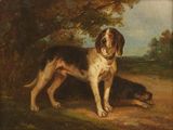 tableau représentant un chien et un autre chien allongé par terre dans un environnement boisé