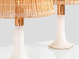 pair of white lamps with bamboo shades on a white table