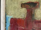 a painting of a red truck in a white frame